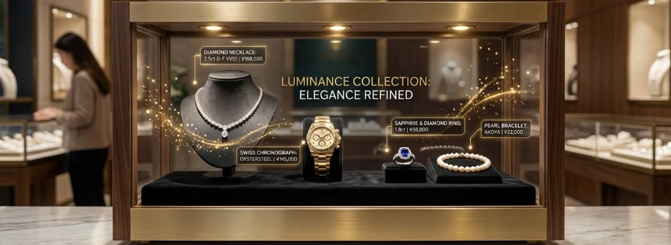 Interior product showcase using a 27x10 inch see through LCD screen panel for jewelry and luxury accessories with digital content floating over physical merchandise Interior product showcase using a 27x10 inch see through LCD screen panel for jewelry and luxury accessories with digital content floating over physical merchandise